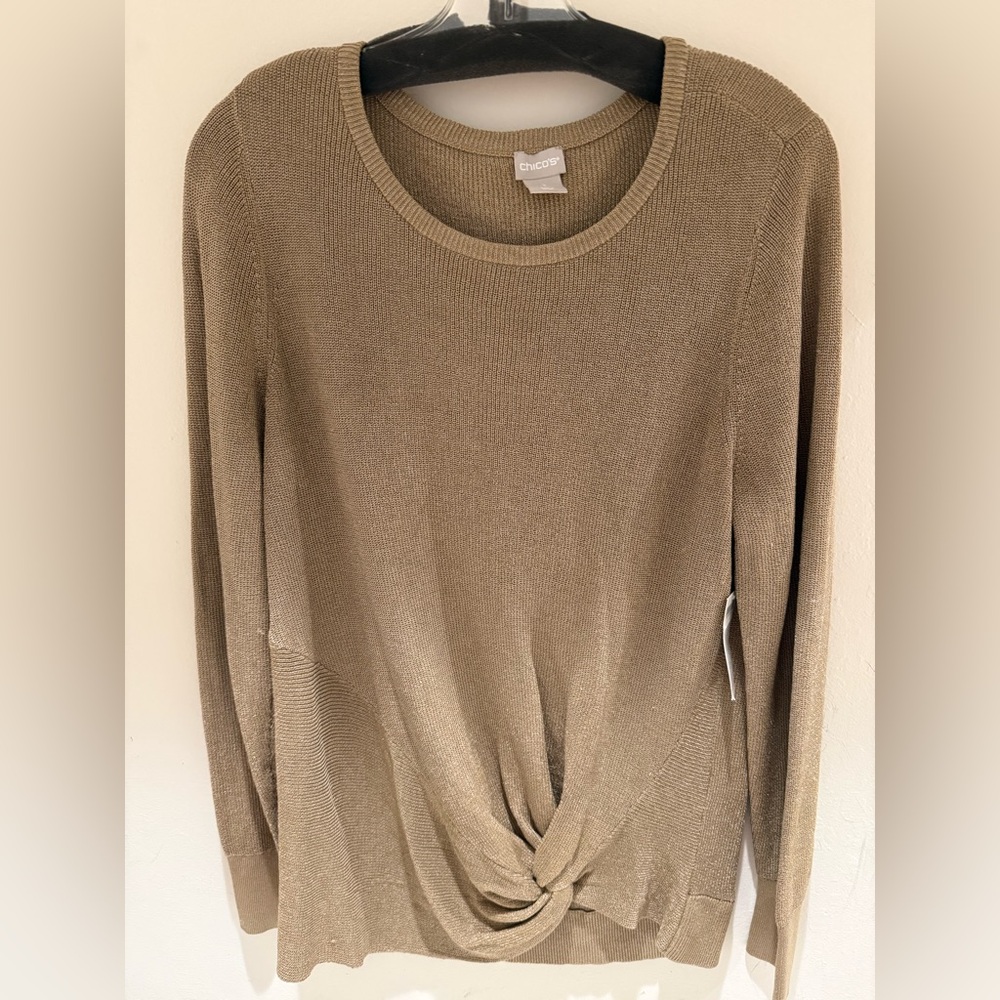 Chico's Tan/gold Knit Pullover with twist tie in front